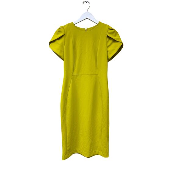 Calvin Klein Size 6 Yellow Tulip Sleeve Crepe Work Cocktail Sheath Knee Dress - Picture 3 of 16